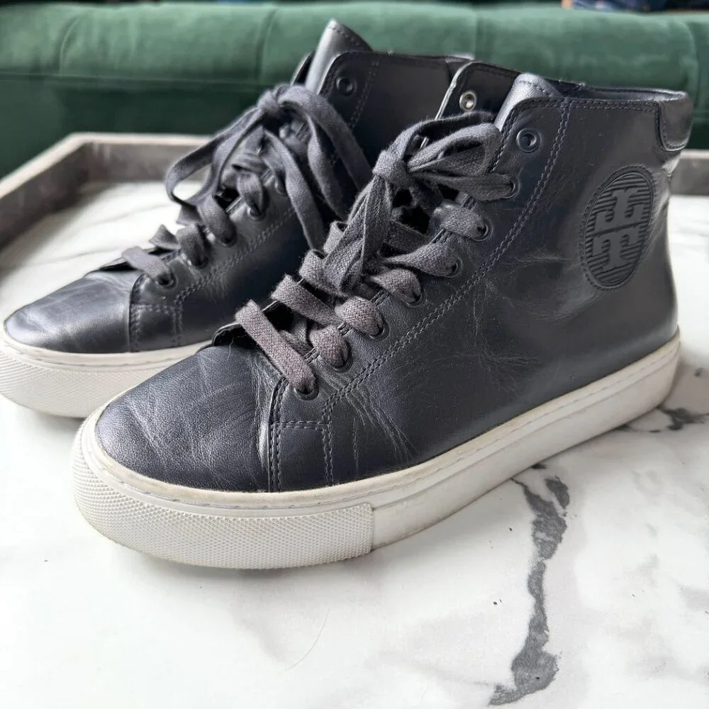 Tory Burch Nola Navy Leather High Top Sneakers Size 6.5